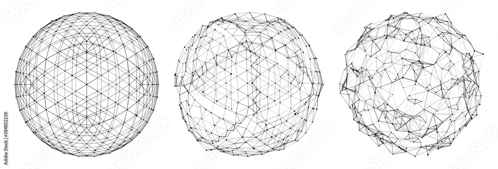 Poster set of abstract spheres of multiple points and lines. disintegration of the sphere. globe or ball. d