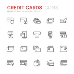 Collection of credit cards related line icons. 48x48 Pixel Perfect. Editable stroke