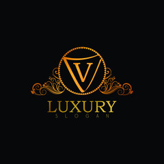 Luxury Logo Design Template For Letter V. Logo Design For Restaurant, Royalty, Boutique, Cafe, Hotel, Heraldic, Jewelry, Fashion. Golden Calligraphy Badge For Letter V.With Arranged Layers