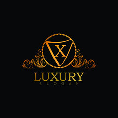 Luxury Logo Design Template For Letter X. Logo Design For Restaurant, Royalty, Boutique, Cafe, Hotel, Heraldic, Jewelry, Fashion. Golden Calligraphy Badge For Letter X.With Arranged Layers