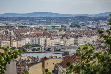 Fototapeta na wymiar Aerial view of the Lion city skyline. Lyon, Rhone, France.