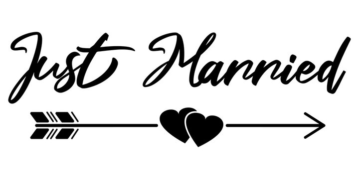 Just Married text with arrow and hearts. Black sign isolated vector illustration.