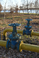 Old gas pipes with large overlapping taps are laid underground in the yard.