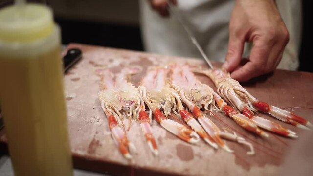 Chef opening some shrimp from Huelva (spain) with a knife to prepare a delicious dinner in a restaurant.