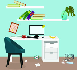 clutter in the workplace, the concept of freelancing and procrastination. Deadline