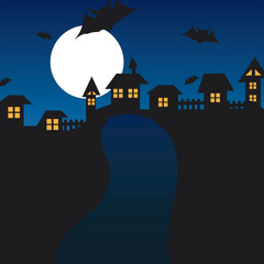 Halloween night background with haunted house and bat. Vector illustration.