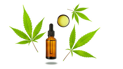 Illustration of a cannabis oil bottle, salve with hemp leaves isolated on white