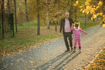 Obraz premium Family of dad and his daughter walking in the autumn park - the girl riding on the rollers