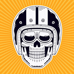 Retro grunge skull in moto helmet. Vintage emblem. Authentic skeleton logo.