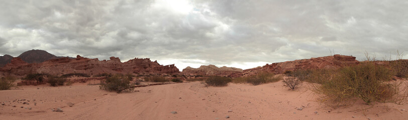 The arid desert in a hot day. Panorama view of the red sand, desert shrubs, sandstone and rocky formation in the background under a cloudy sky. 