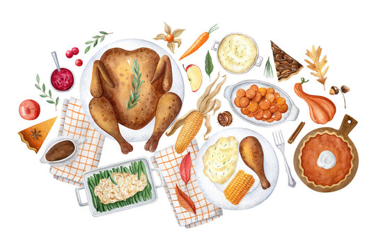 Thanksgiving day flat lay watercolor illustration isolated on white background. Thanksgiving dinner hand drawn composition, perfect for invitations, greeting cards, flayers.