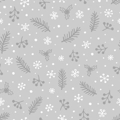 Fototapeta na wymiar Vector seamless pattern with hand drawn spruce branches, Holly, berries and snowflakes. Cute design for Christmas wrappings, textile and backgrounds