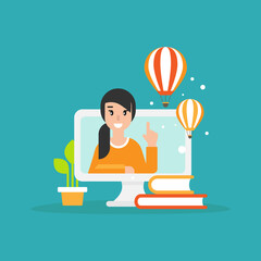 Happy freelancer on computer screen with books, headset and air balloons.