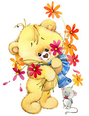cute teddy bear for kid birthday background . watercolor illustration
