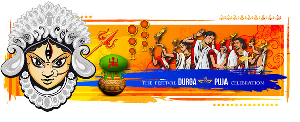 Illustration of Goddess Maa Durga in Happy Dussehra Navratri background Template Design celebrated...