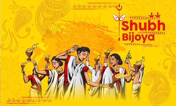 illustration of Goddess Durga in Subho Bijoya Happy Dussehra background and celebrating the festival of durga puja