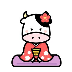 年賀素材2021 着物を着て座っている牛の女の子