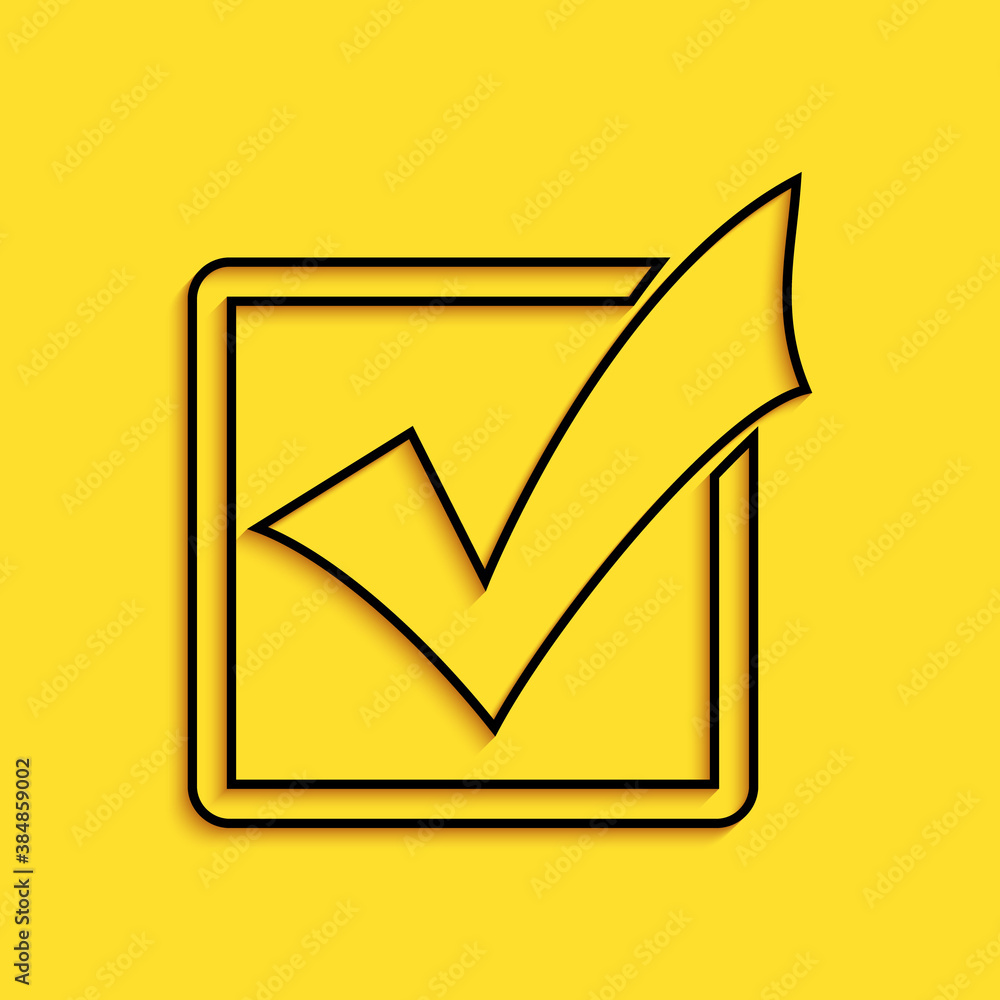 Poster black check mark in a box line icon isolated on yellow background. tick symbol. check list button si