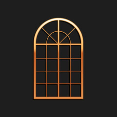 Gold Arched window icon isolated on black background. Long shadow style. Vector.