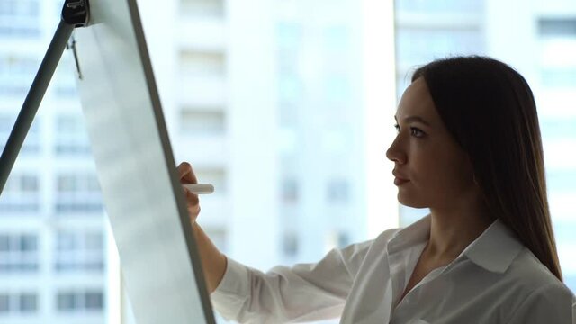 Young attractive business woman putting ideas on white board during presentation in conference room. Focused businesswoman writing on whiteboard background of window. Tracking shot of slow motion.