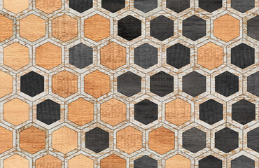 Light wooden wall with hexagonal pattern. Wood texture background. Parquet floor made of wooden...