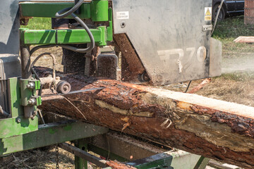 Mobile sawing equipment for logs in the open air.  Mobility and work speed