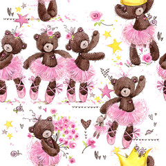 cute teddy bear seamless pattern. watercolor illustration cartoon ballerina.