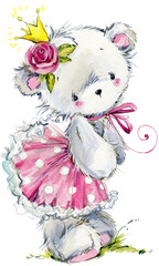 Cute teddy bear watercolor illustration. Birthday cart.