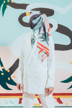 Fashion Model In Colorful Abstract Space .