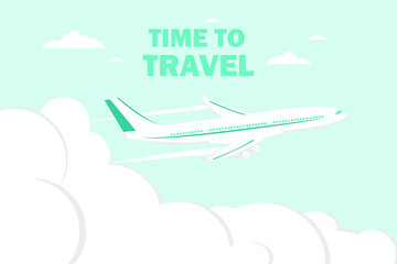 Airplane flies in the sky and cloud on blue background. Concept time to travel. Vector in flat style. Vector