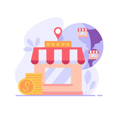 Fototapeta premium Ready business for a franchise. Buying a finished firm or brand. Concept of business industry, franchising, bizopp, distribution. Vector illustration in flat design.