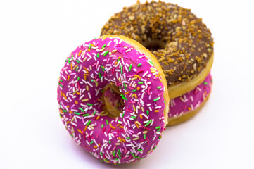 Chocolate and berry doughnut. Walnut donut on a white background.