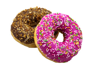 Strawberry and raspberry doughnuts. Walnut donut on a white background.