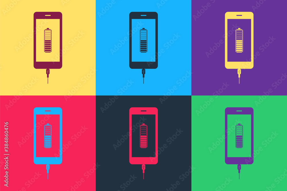 Poster pop art smartphone battery charge icon isolated on color background. phone with a low battery charge