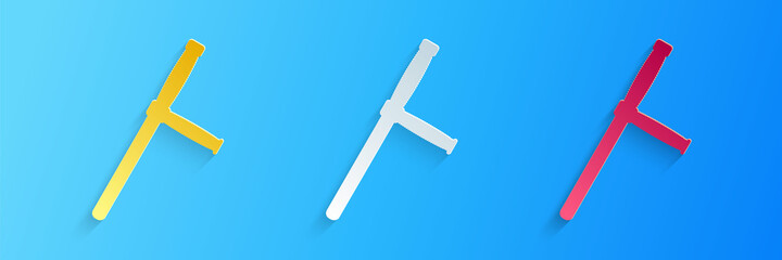 Paper cut Police rubber baton icon isolated on blue background. Rubber truncheon. Police Bat. Police equipment. Paper art style. Vector.