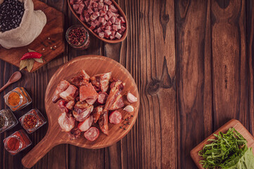 Ingredients for a typical brazilian meal feijoada - Top view with space copy