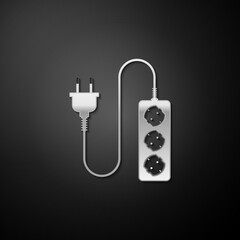 Silver Electric extension cord icon isolated on black background. Power plug socket. Long shadow style. Vector.