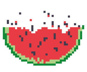 A piece of watermelon made of pixels. A computer game object.
