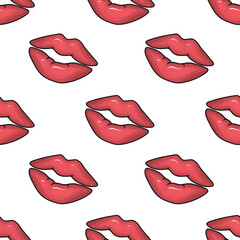Seamless vector pattern with cute hand drawn red lips kisses. Fun pop art background for card, print, poster, advertising, fabric, textile, advertising, web, phone case, beauty accessory.