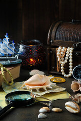 pirate items on a dark background, treasure chest, maps. Concept photography. Pirates of the Caribbean