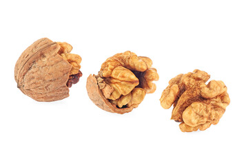 Kernel and whole walnuts isolated on a white background. Set of delicious walnuts.