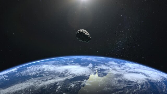 An asteroid flies close to the Earth. The asteroid flies away and rotates. Starry sky. 4K. Stars twinkle. 3d rendering.