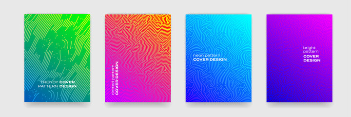 Background patterns with geometric lines and color gradient, abstract vector covers design. Trendy Memphis and jumble maze or liquid color backgrounds, brochures and covers templates