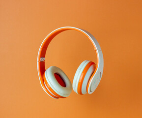 Orange headphones on a orange background. Minimal concept. Mock-up. Music. Levitation.