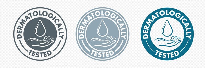 Dermatologically tested hand and drop icon, vector logo. Antibacterial alcohol or medical wash label, dermatology test safe proven sign for health certified and skincare products © Ron Dale