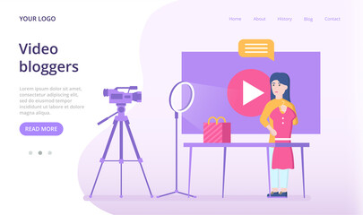Video blogger fashion girl. Landing page template. Vector illustration.