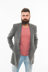 Comfortable outfit. Modern outfit. Stylish casual outfit. Menswear and fashion concept. Man bearded hipster stylish fashionable jacket. Casual jacket perfect for any occasion. Consultation of stylist