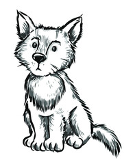 drawing of a cute dog in black and white, hand-drawn illustration isolated on a white background