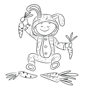 coloring book with a boy dressed as a rabbit holding a carrot, costume party, pajamas, hand drawn outline,