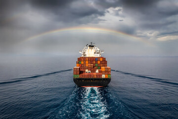 Aerial view of a container cargo ship sailing into bad weather with a rainbow in the cloudy sky - obrazy, fototapety, plakaty